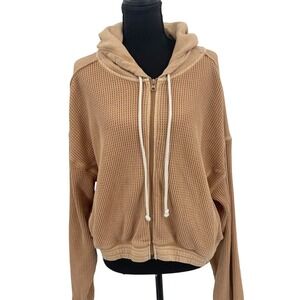 Aerie Womens XL Waffle Knit Full‎ Zip Hoodie Tan Cropped Relaxed Fit Sweatshirt